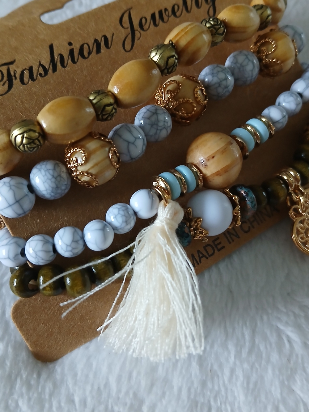 Wood Beaded Stackable 4 Pc Bracelet Set - Heart Charm, Tree, Tassle [Golds] - Picture 4 of 4